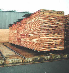 Image showing a well stickered stack (here ready to enter a kiln). Note the stickers are aligned vertically above each other.